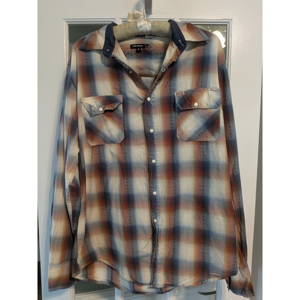 Tin Haul Mens Western Snap Shirt Blue Orange Plaid Size Large NWT